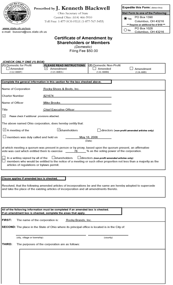 (CERTIFICATE OF AMENDEMENT BY SHAREHOLDERS OR MEMBERS)
